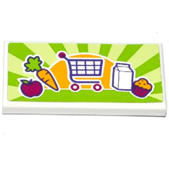 Tile 2 x 4 with Apple, Carrot, Shopping Cart / Trolley, Milk Carton and Cupcake Pattern (Sticker) - Set 41118