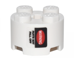 Brick, Round 2 x 2 with Axle Hole with White 'WARNING' in Red Oval and Black 'PARTS MAY FALL OFF' Pattern (Sticker) - Set 75828