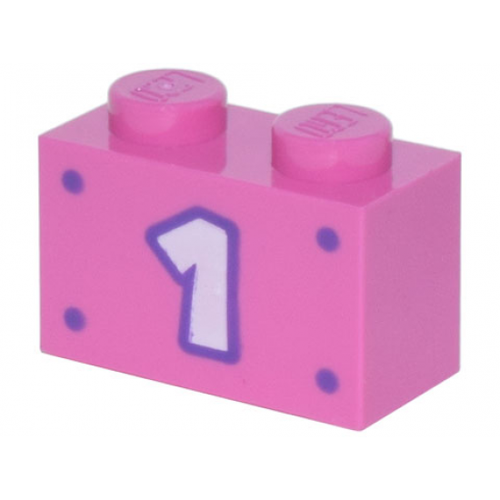 Brick 1 x 2 with White Number 1 with Dark Purple Outline and 4 Dots Pattern