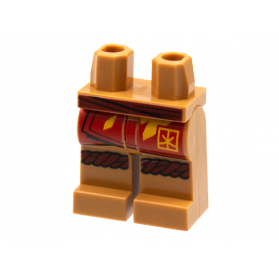 Hips and Legs with Dark Red Sash and Knee Wrap, Red Robe End with Bright Light Orange Flame and Ninjago Logogram 'K' Pattern