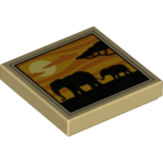 Tile 2 x 2 with 2 Elephants, Tree and Sunset Pattern