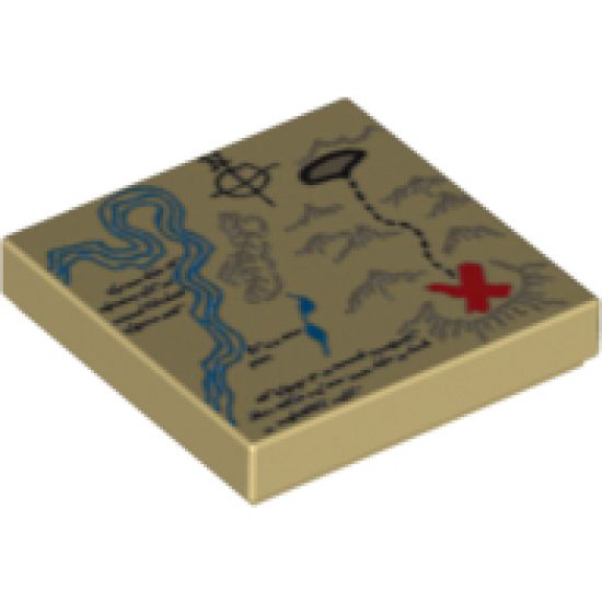 Tile 2 x 2 with Map River, Dark Tan Mountains, Handwriting and Red 'X' Pattern