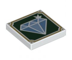 Tile 2 x 2 with Sparkling Medium Blue and Bright Light Blue Diamond Jewel on Dark Green Background with Gold Frame Pattern