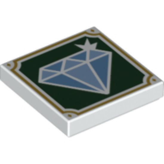 Tile 2 x 2 with Sparkling Medium Blue and Bright Light Blue Diamond Jewel on Dark Green Background with Gold Frame Pattern