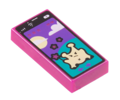 Tile 1 x 2 with Cell Phone / Smartphone with Game with Bright Light Yellow Alien on Dark Turquoise Hill, Sun, Clouds, and Dark Purple Sky Pattern