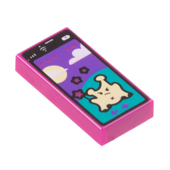 Tile 1 x 2 with Cell Phone / Smartphone with Game with Bright Light Yellow Alien on Dark Turquoise Hill, Sun, Clouds, and Dark Purple Sky Pattern