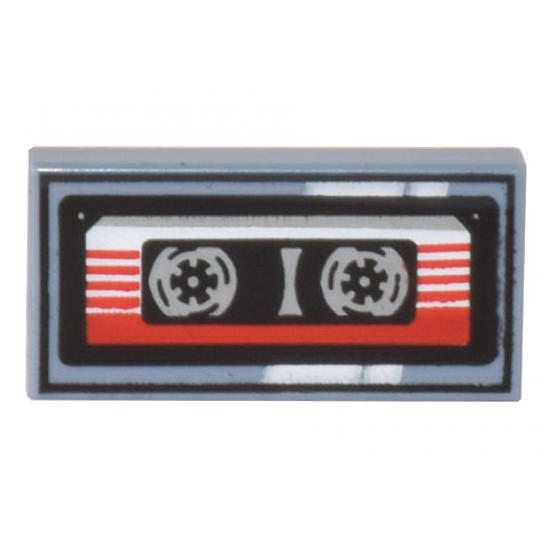 Tile 1 x 2 with Cassette Tape with Red and White Striped Label and Black Frame Pattern