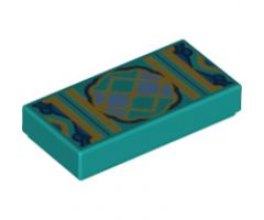 Tile 1 x 2 with Gold Lattice with Dark Blue and Bright Light Blue Trim Pattern