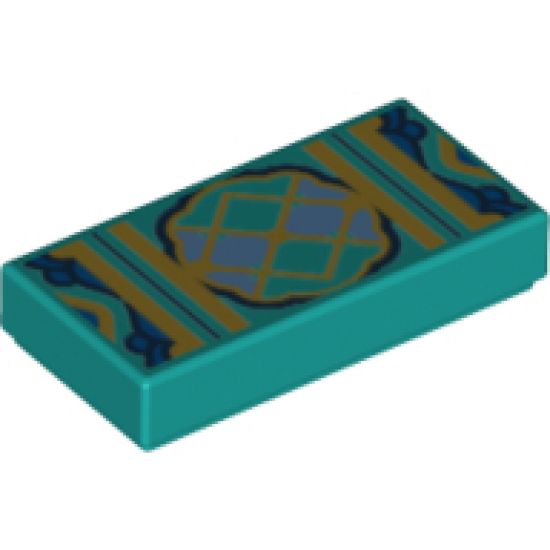 Tile 1 x 2 with Gold Lattice with Dark Blue and Bright Light Blue Trim Pattern