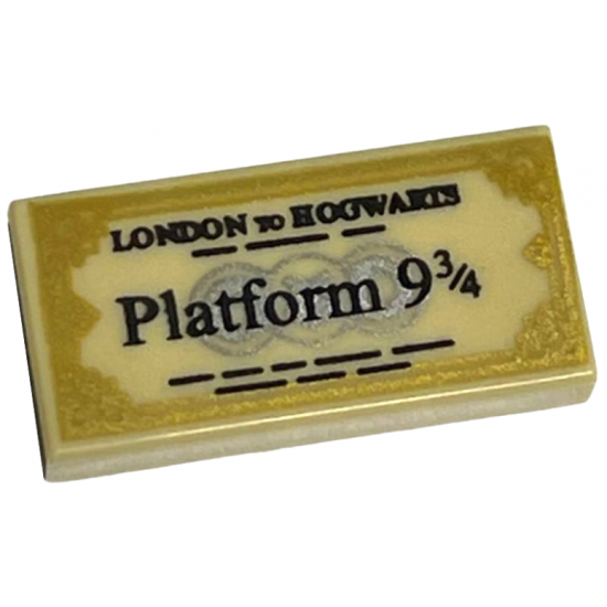 Tile 1 x 2 with Black 'LONDON TO HOGWARTS' and 'Platform 9 3/4' Train Ticket with Gold Edges Pattern