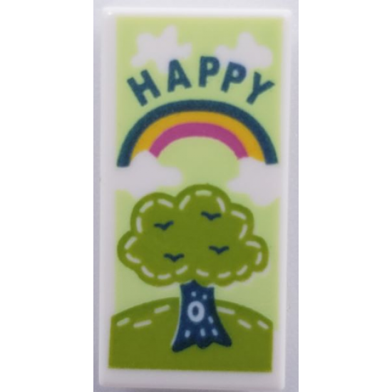 Tile 1 x 2 with Tree, Rainbow and 'HAPPY' Pattern