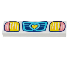 Tile 1 x 4 with Medium Azure Vehicle Grill with  Heart, Coral and Yellow Headlights Pattern