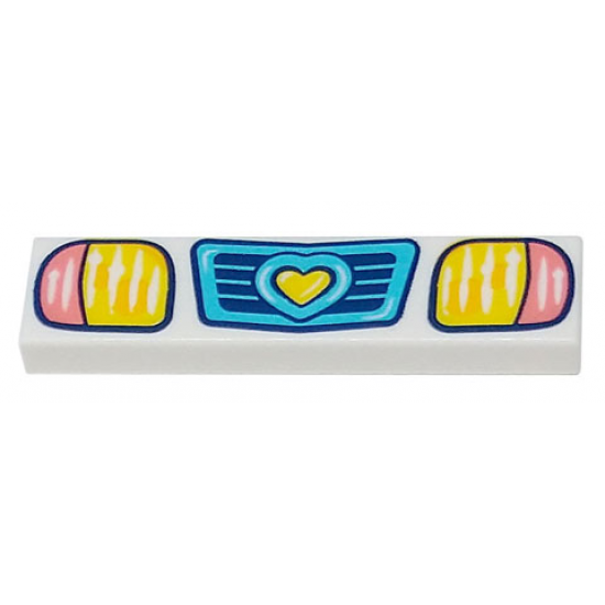 Tile 1 x 4 with Medium Azure Vehicle Grill with  Heart, Coral and Yellow Headlights Pattern