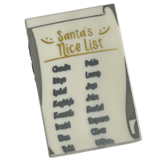 Tile 2 x 3 with Gold 'Santa's Nice List' and Black Names Pattern