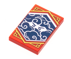 Tile 2 x 3 with White Stern Eyes and Clouds on Dark Blue Background with Gold Trim Pattern (Ninjago Stealth Banner)