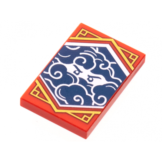 Tile 2 x 3 with White Stern Eyes and Clouds on Dark Blue Background with Gold Trim Pattern (Ninjago Stealth Banner)