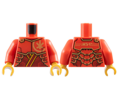 Torso Armor Plates with Gold Ninjago Logogram 'K' on Front and 'KAI' on Back over Dark Red Tunic with Bright Light Orange Trim Pattern / Red Arms / Pearl Gold Hands