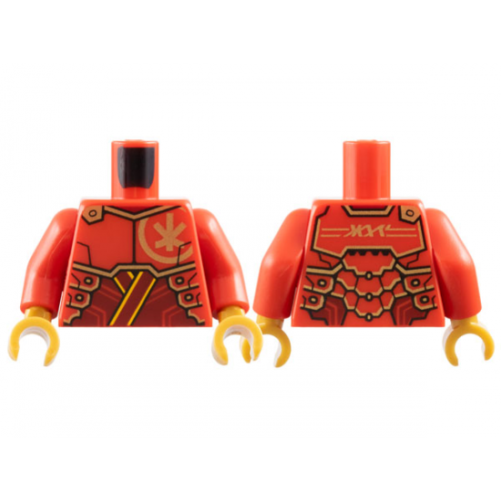 Torso Armor Plates with Gold Ninjago Logogram 'K' on Front and 'KAI' on Back over Dark Red Tunic with Bright Light Orange Trim Pattern / Red Arms / Pearl Gold Hands