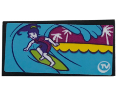 Tile 2 x 4 with Girl Surfing and 'TV' Pattern (Sticker) - Set 41317