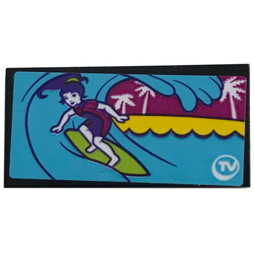 Tile 2 x 4 with Girl Surfing and 'TV' Pattern (Sticker) - Set 41317