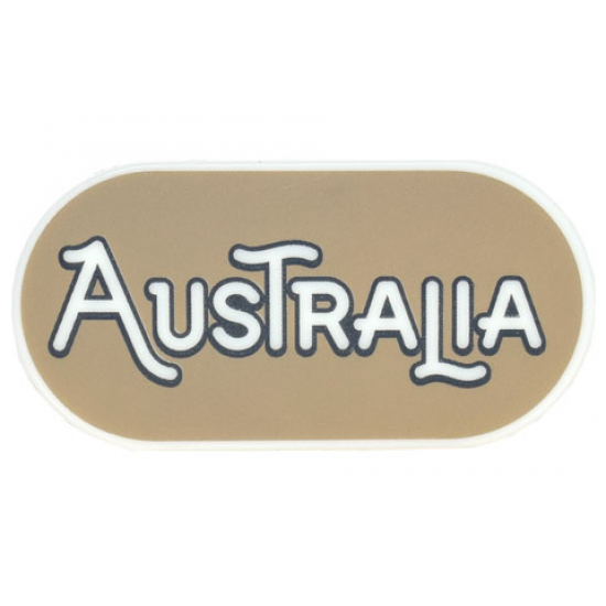 Tile, Round 2 x 4 Oval with Black Outline 'AUSTRALIA' on Dark Tan Background Pattern