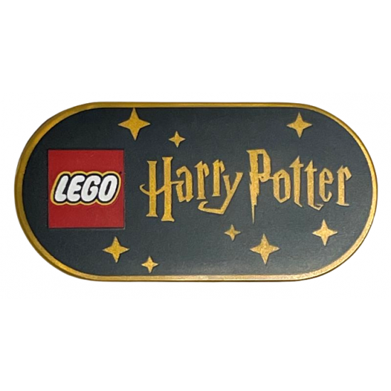 Tile, Round 2 x 4 Oval with LEGO Logo, 'Harry Potter', and Stars on Black Background Pattern