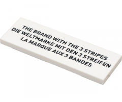 Tile 2 x 6 with Black 'THE BRAND WITH THE 3 STRIPES', 'DIE WELTMARKE MIT DEN 3 STREIFEN', and 'LA MARQUE AUX 3 BANDES' Pattern