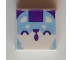 Tile 1 x 1 with Bright Light Blue Animal Face with Dark Purple Closed Eyes, Nose, and Mouth Pattern