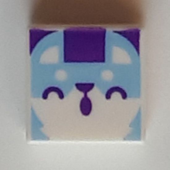 Tile 1 x 1 with Bright Light Blue Animal Face with Dark Purple Closed Eyes, Nose, and Mouth Pattern