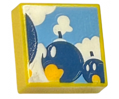 Tile 1 x 1 with Dark Blue Walking Bombs and White Clouds on Medium Blue Background Pattern (Super Mario Bob-Omb Battlefield)