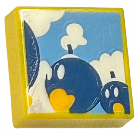 Tile 1 x 1 with Dark Blue Walking Bombs and White Clouds on Medium Blue Background Pattern (Super Mario Bob-Omb Battlefield)