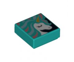 Tile 1 x 1 with White Unicorn Head, Gold Horn, and Metallic Light Blue and Coral Mane Pattern