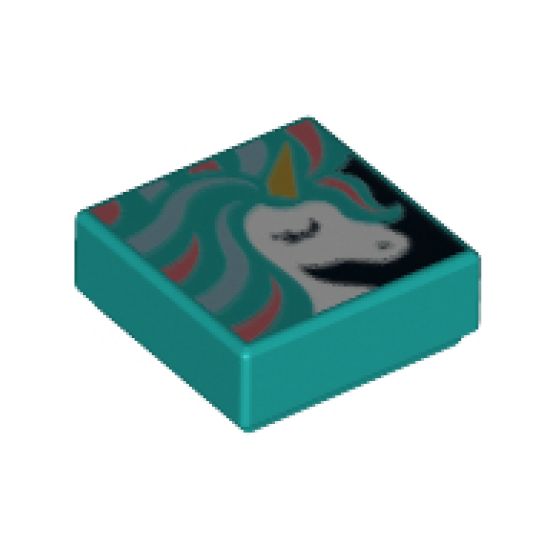 Tile 1 x 1 with White Unicorn Head, Gold Horn, and Metallic Light Blue and Coral Mane Pattern