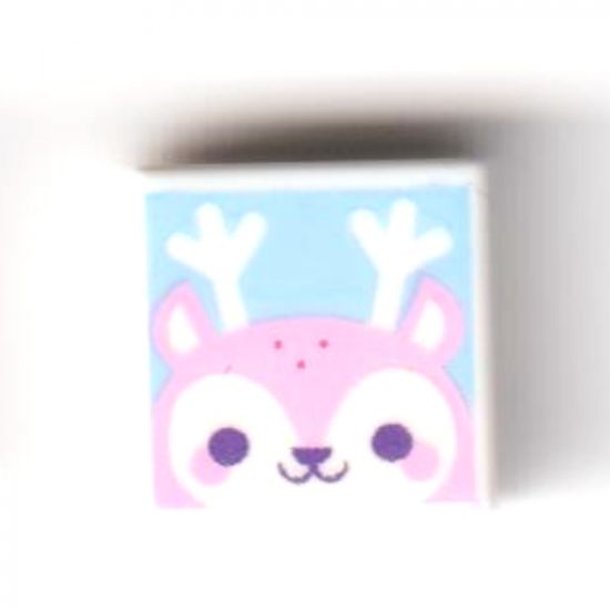 Tile 1 x 1 with Bright Pink Reindeer Face with Dark Purple Eyes on Bright Light Blue Background Pattern