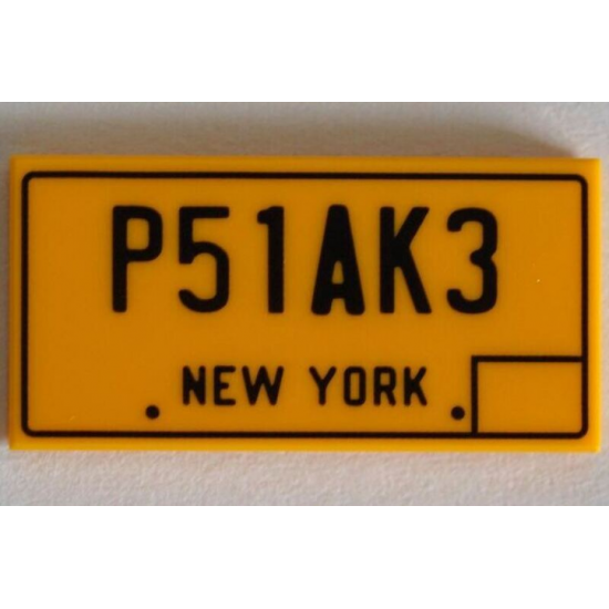 Tile 2 x 4 with Black 'P51AK3' and 'NEW YORK' Pattern