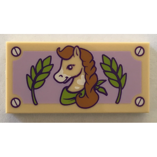 Tile 2 x 4 with Horse with Braided Mane, Green Leaves, and Lavender Background Pattern