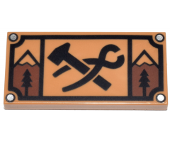 Tile 2 x 4 with Black Blacksmith's Hammer and Tongs, Trees and Mountains Pattern