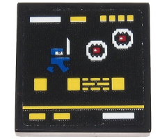 Tile 2 x 2 with Video Game Display with Blue Ninja, White Monsters with Red Eyes and Yellow Squares and Rectangles Pattern (Sticker) - Set 71712