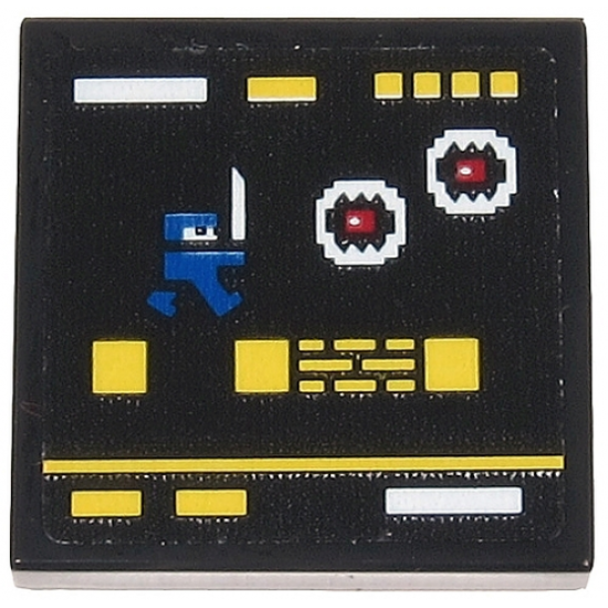 Tile 2 x 2 with Video Game Display with Blue Ninja, White Monsters with Red Eyes and Yellow Squares and Rectangles Pattern (Sticker) - Set 71712