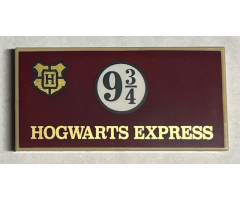 Tile 2 x 4 with Gold 'HOGWARTS EXPRESS' and Crest, Black 9 3/4 in Circle on Dark Red Background Pattern