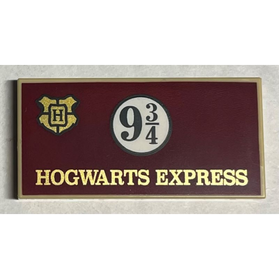 Tile 2 x 4 with Gold 'HOGWARTS EXPRESS' and Crest, Black 9 3/4 in Circle on Dark Red Background Pattern