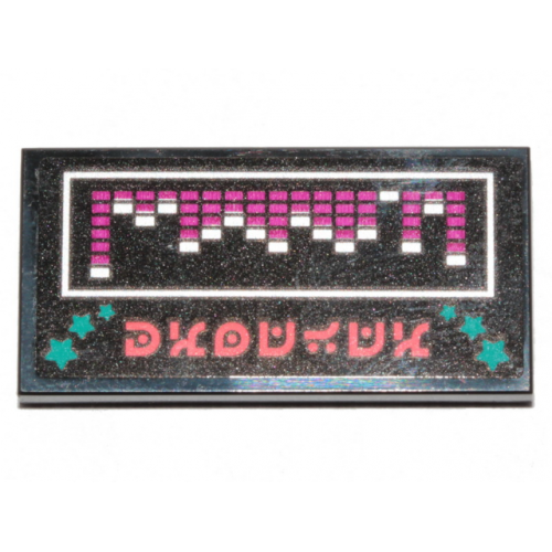Tile 2 x 4 with Magenta and White Striped Bars, Dark Turquoise Stars and Coral Alien Characters Pattern (Sticker) - Set 70828