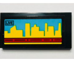 Tile 2 x 4 with Video Screen, 'LIVE' and Yellow Skyline on Medium Azure Background Pattern (Sticker) - Set 60102