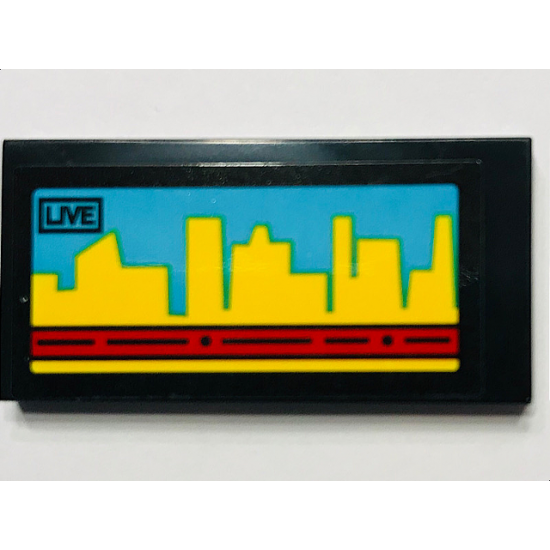 Tile 2 x 4 with Video Screen, 'LIVE' and Yellow Skyline on Medium Azure Background Pattern (Sticker) - Set 60102
