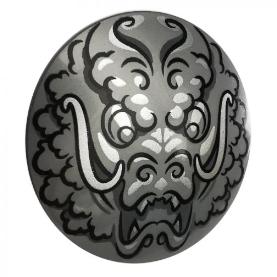 Minifigure, Shield Round with Rounded Front with Black and Silver Ninjago Dragon Head Pattern