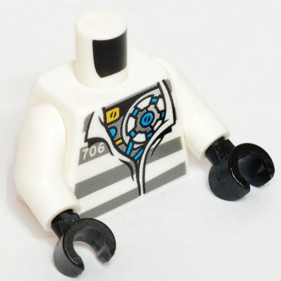 Torso Town Prisoner Open Collar, Number 706, Dark Bluish Gray Stripes, Mechanical Pattern / White Arms / Black Hands
