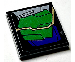 Tile 2 x 2 with Dark Purple and Green Armor Plates and Gold Circuitry Pattern Model Left Side (Sticker) - Set 76097