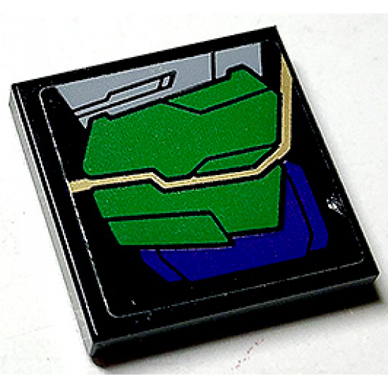 Tile 2 x 2 with Dark Purple and Green Armor Plates and Gold Circuitry Pattern Model Left Side (Sticker) - Set 76097