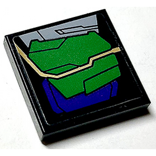 Tile 2 x 2 with Dark Purple and Green Armor Plates and Gold Circuitry Pattern Model Right Side (Sticker) - Set 76097