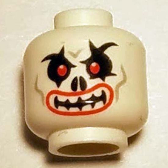 Minifigure, Head Skull Evil with Red Eyes, Curved Eyebrows and Red Lips Pattern - Hollow Stud